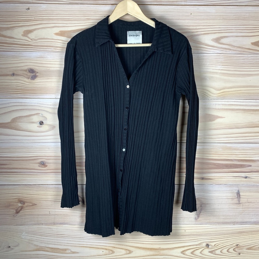 .blacktogrey‎ Top Small Black Ribbed Longline Button Blouse Minimal Y2K Gothic